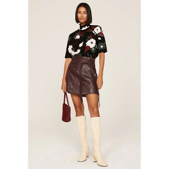TANYA TAYLOR Courtney Croc Embossed Faux Leather Skirt Cabernet Brown Size 8 - Picture 1 of 8